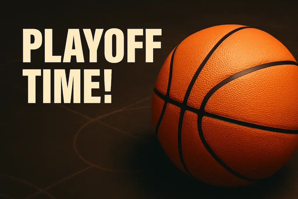 Basketball with text Playoff Time on dark court background, representing NBA Playoffs 2025 excitement