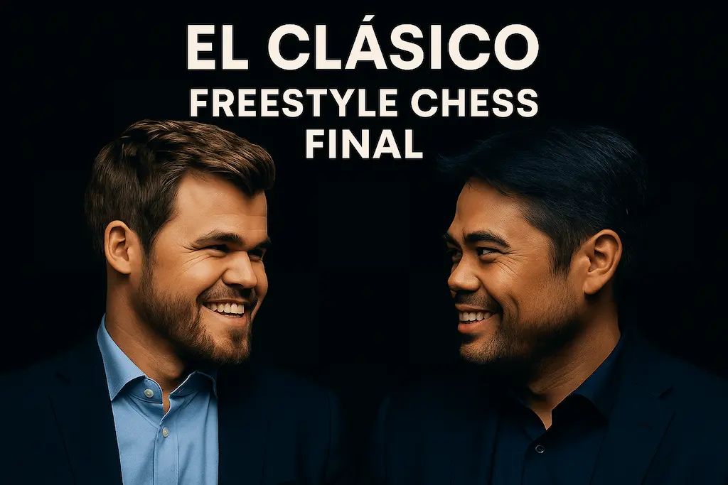 Magnus Carlsen and Hikaru Nakamura facing off with 'El Clasico' above and 'Freestyle Chess Final 2025' below