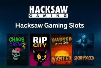 Promotional graphic featuring Hacksaw Gaming slots and popular characters