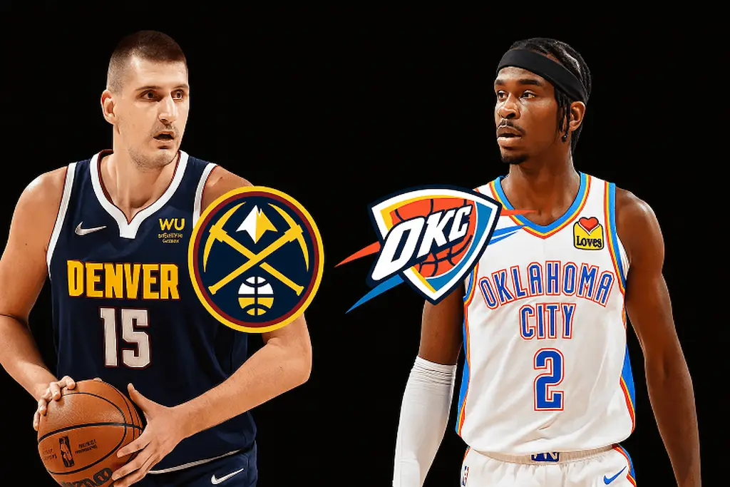 Oklahoma vs Denver Game 1 - Nikola Jokic and Shai Gilgeous-Alexander face off with team logos on dark background