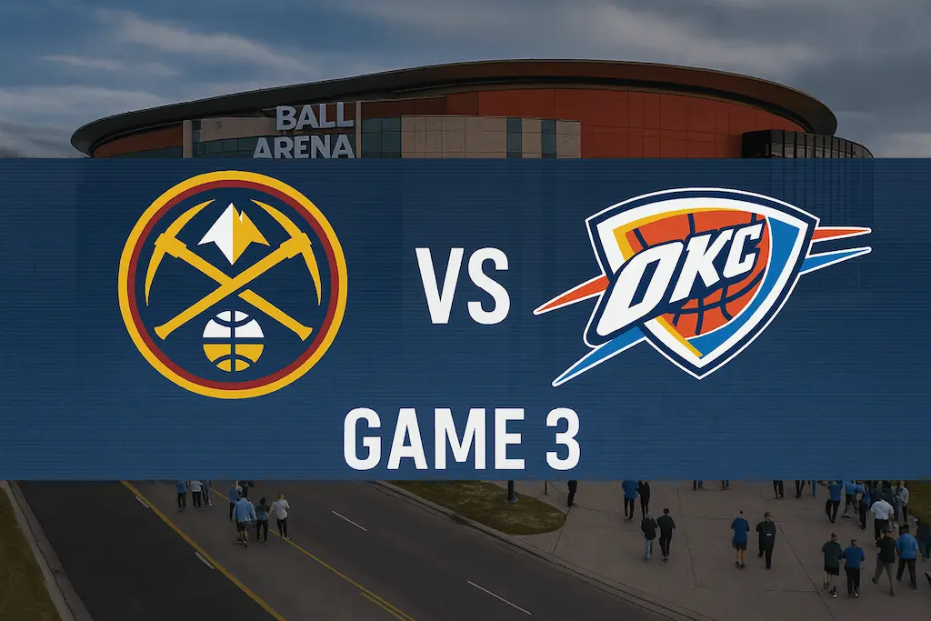 Denver vs Oklahoma Game 3 – NBA Playoffs background with team logos and Ball Arena