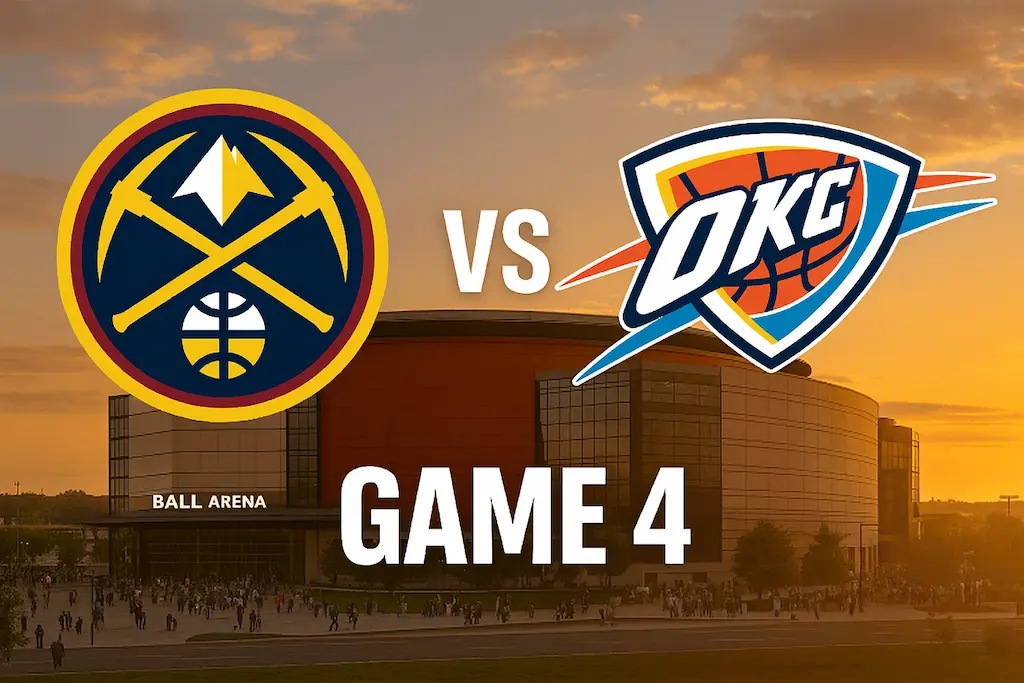 Denver vs Oklahoma Game 4 – Ball Arena at sunset with team logos and Game 4