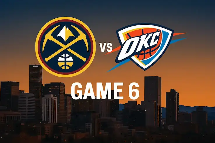Denver vs Oklahoma Game 6 with team logos and Denver city skyline background