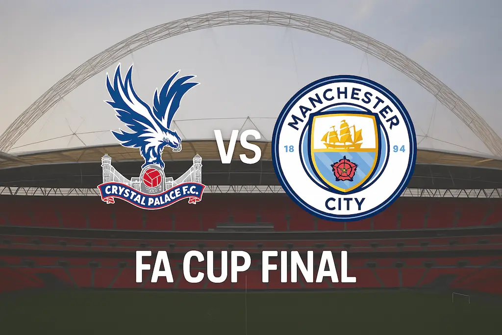 FA Cup Final 2025 promotional image – Crystal Palace vs Manchester City with stadium background