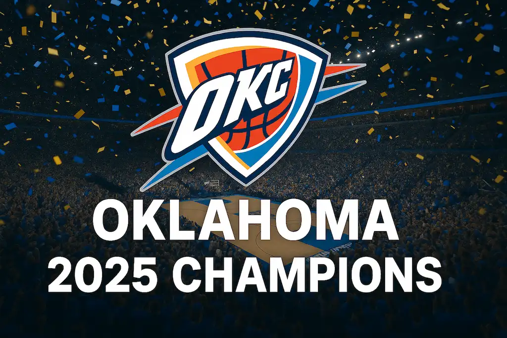 Oklahoma City Thunder 2025 NBA Finals champions – celebration image with logo and confetti