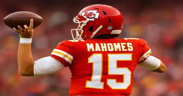 Patrick Mahomes NFL in Kansas City Chiefs jersey preparing to throw the football during an NFL game