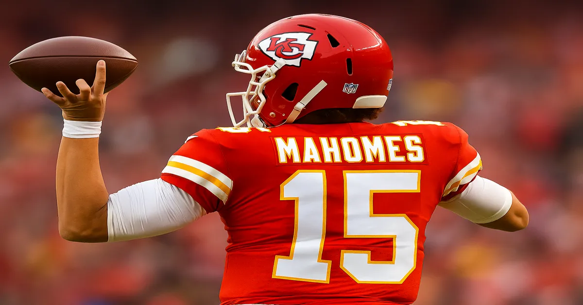 Patrick Mahomes NFL in Kansas City Chiefs jersey preparing to throw the football during an NFL game