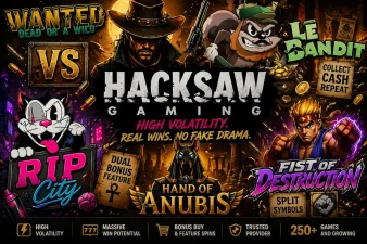 Hacksaw Gaming slots collage featuring Wanted Dead or a Wild, Le Bandit raccoon, RIP City cat and high volatility gameplay