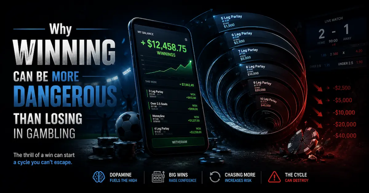 Why winning in gambling more dangerous than losing feature image showing a gambler in front of a betting screen surrounded by profit, risk, and psychological pressure