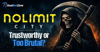 Is Nolimit City trustworthy feature image with dark Nolimit City logo, grim reaper character, and brutal slot atmosphere representing pressure and risk in Nolimit City slots.
