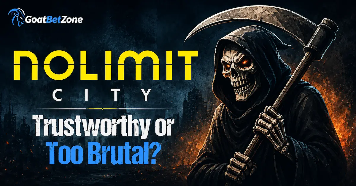 Is Nolimit City trustworthy feature image with dark Nolimit City logo, grim reaper character, and brutal slot atmosphere representing pressure and risk in Nolimit City slots.