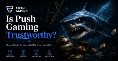 Is Push Gaming trustworthy feature image with dark ocean shark, Push Gaming branding, treasure coins, and premium casino atmosphere representing serious volatility and provider reputation.