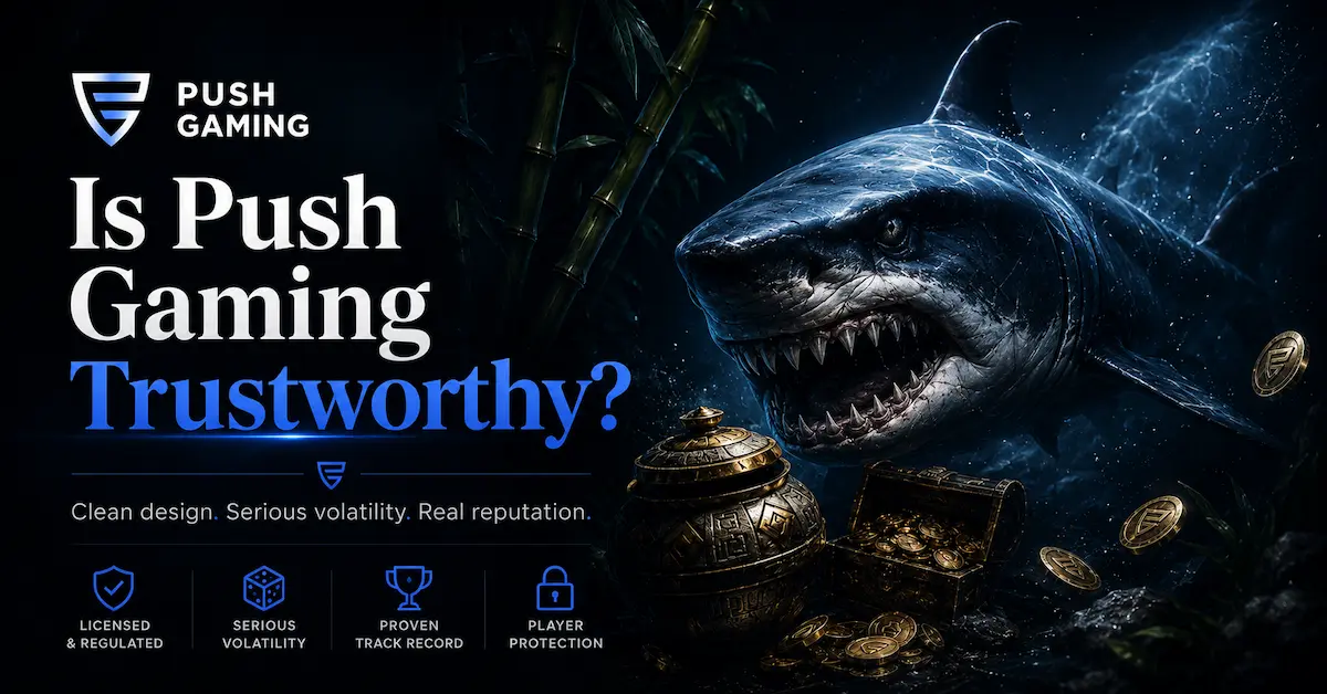 Is Push Gaming trustworthy feature image with dark ocean shark, Push Gaming branding, treasure coins, and premium casino atmosphere representing serious volatility and provider reputation.