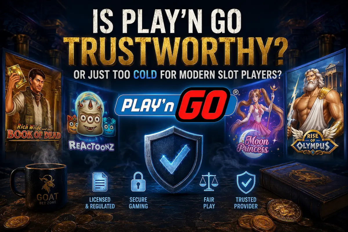 Is Play’n GO trustworthy feature image with Play’n GO logo, Book of Dead, Reactoonz, Moon Princess, Rise of Olympus, and trust icons in a dark premium casino style.