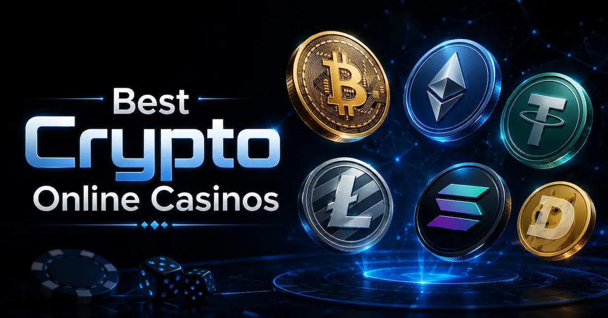 Best crypto online casinos feature image with Bitcoin, Ethereum, Litecoin, Solana, Dogecoin and USDT coins on a dark premium casino background.