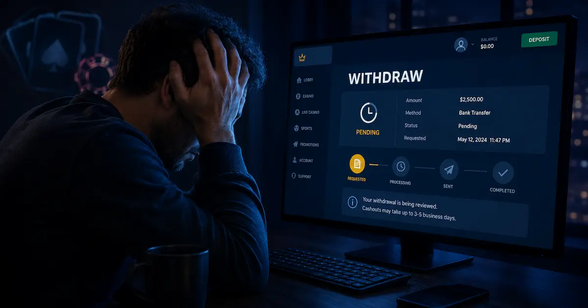 Why Casino Withdrawals Take So Long feature image with a stressed player waiting for a pending casino withdrawal on a dark computer screen.