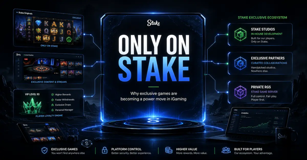 Only on Stake feature image showing Stake exclusive casino ecosystem, private RGS technology, exclusive slot games, partner studios, and platform control in a dark neon iGaming style.