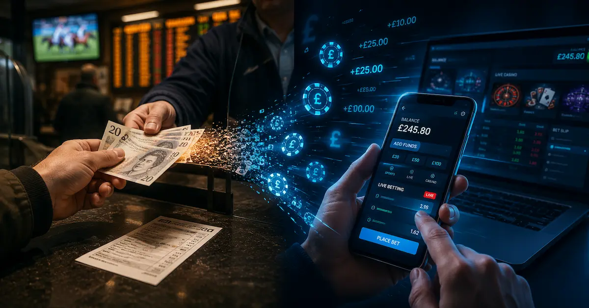 Online gambling psychology feature image showing cash in a physical betting shop transforming into digital balance on a mobile betting app.