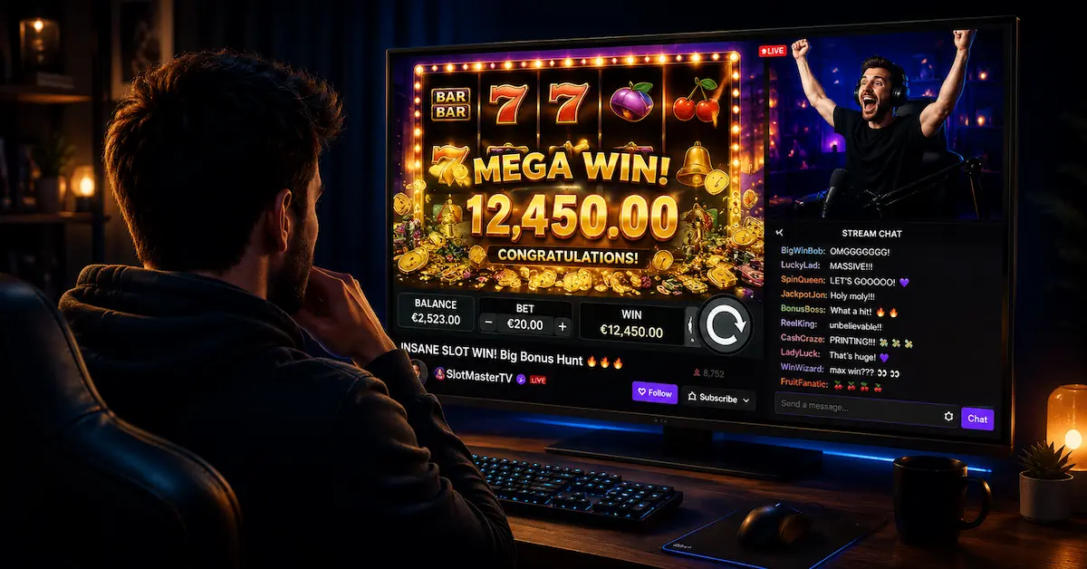 Are Casino Streamers Playing With Real Money image showing a viewer watching a live casino streamer celebrate a big slot win on a monitor.