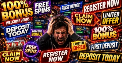 Casino bonus psychology feature image showing a player overwhelmed by online casino bonus ads, free spins, welcome offers, and deposit prompts.