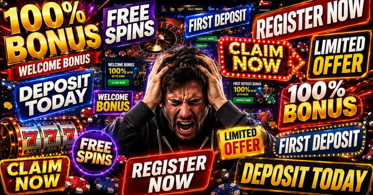 Casino bonus psychology feature image showing a player overwhelmed by online casino bonus ads, free spins, welcome offers, and deposit prompts.