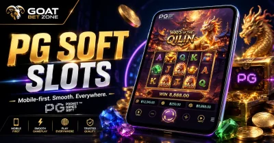 PG Soft slots feature image with mobile-first casino gameplay, PG Soft branding, Asian-style slot symbols, gold coins, and premium dark GoatBetZone design.