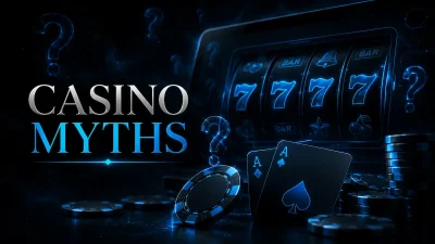 Online casino myths explained with slot machine, casino chips and gambling questions