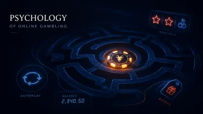 Slot psychology illustrated as a dark casino maze with near miss, autoplay, bonus and online balance symbols