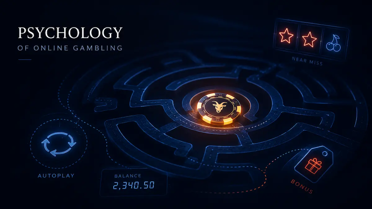 Slot psychology illustrated as a dark casino maze with near miss, autoplay, bonus and online balance symbols