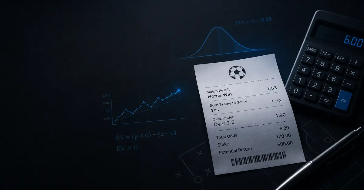Sports betting strategy feature image with betting slips, odds, and simple mathematical analysis elements