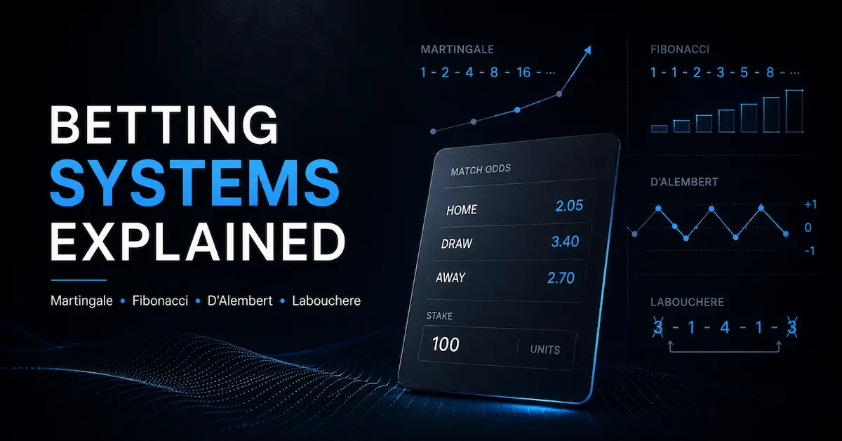 Betting Systems Explained feature image showing Martingale, Fibonacci, D'Alembert and Labouchere betting systems