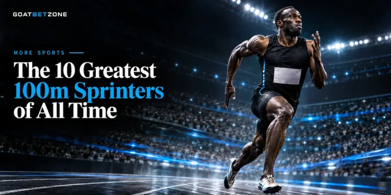 Usain Bolt representing the best 100m sprinters of all time on a stadium track