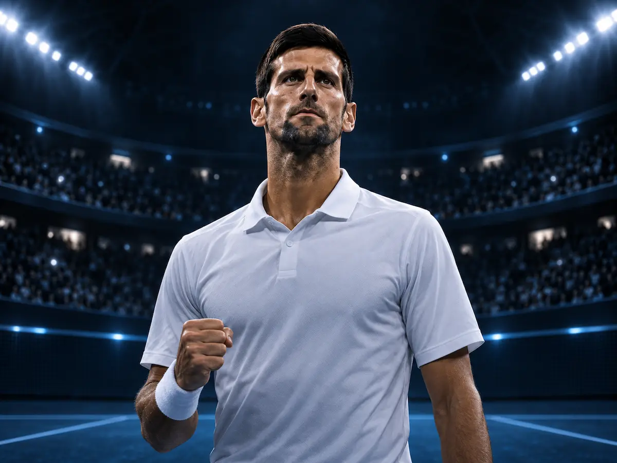 Novak Djokovic in a tennis stadium