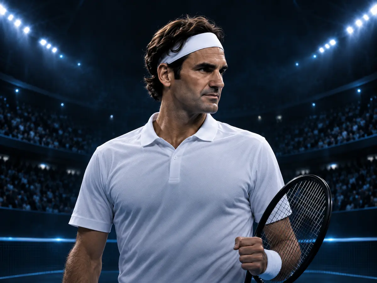Roger Federer in a tennis stadium