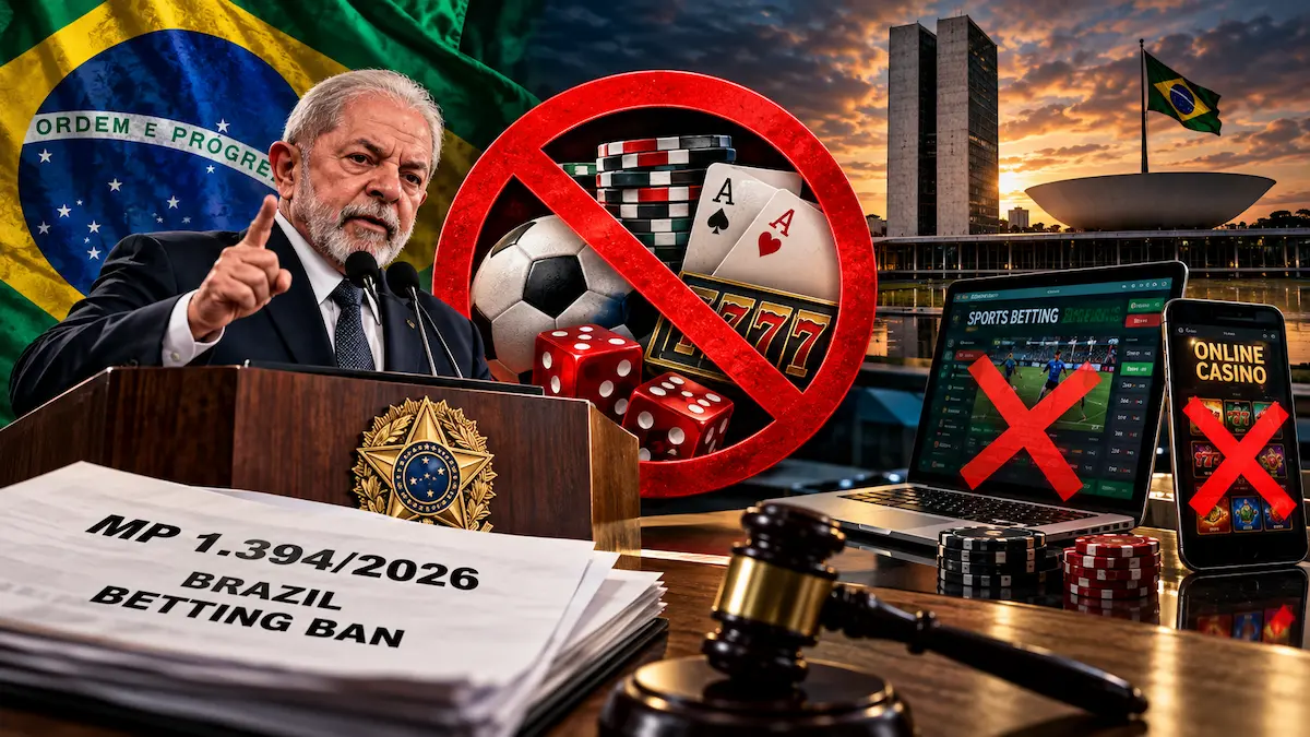 Brazil Betting Ban 2026 with Lula, Brazilian flag, gambling prohibition symbol, sports betting and online casino screens