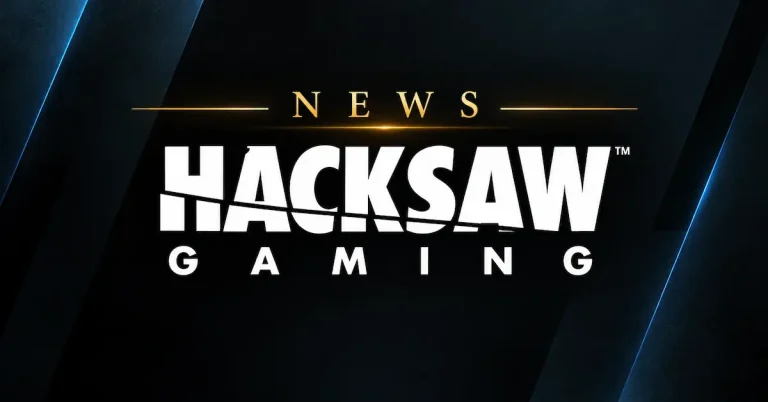 Hacksaw Gaming News banner featuring the Hacksaw logo on a dark background with gold NEWS lettering and electric blue accents.