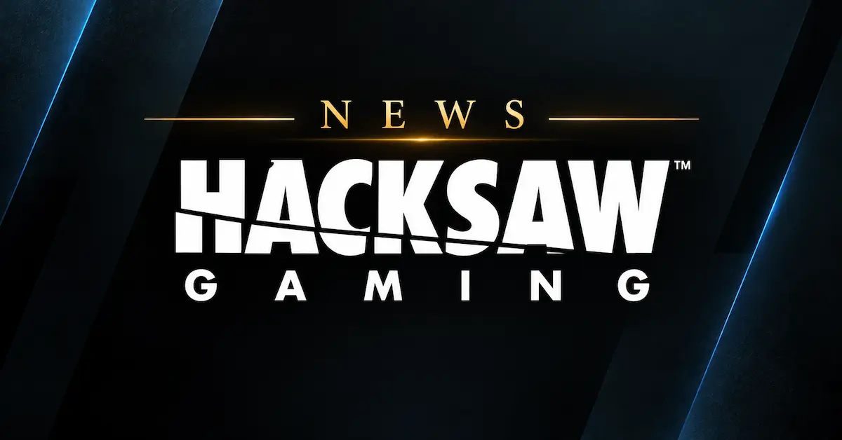Hacksaw Gaming News banner featuring the Hacksaw logo on a dark background with gold NEWS lettering and electric blue accents.